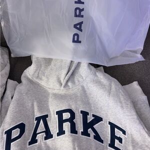 PARKE HOODIE Gray Hoodie with Navy Lettering